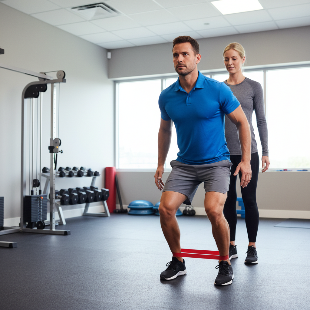 Athlete performing sport-specific physical therapy exercises with resistance training in San Antonio rehabilitation clinic