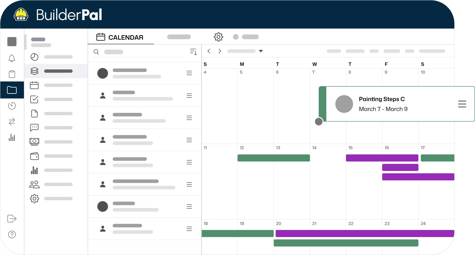 BuilderPal calendar view showing project scheduling