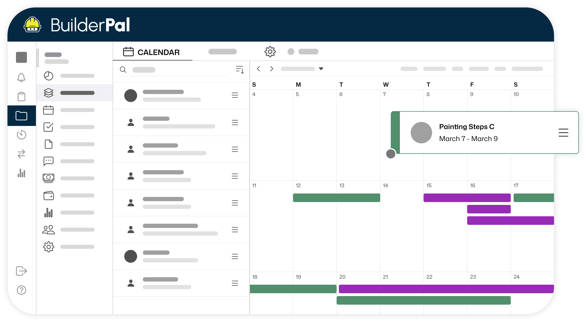BuilderPal calendar view showing project scheduling.