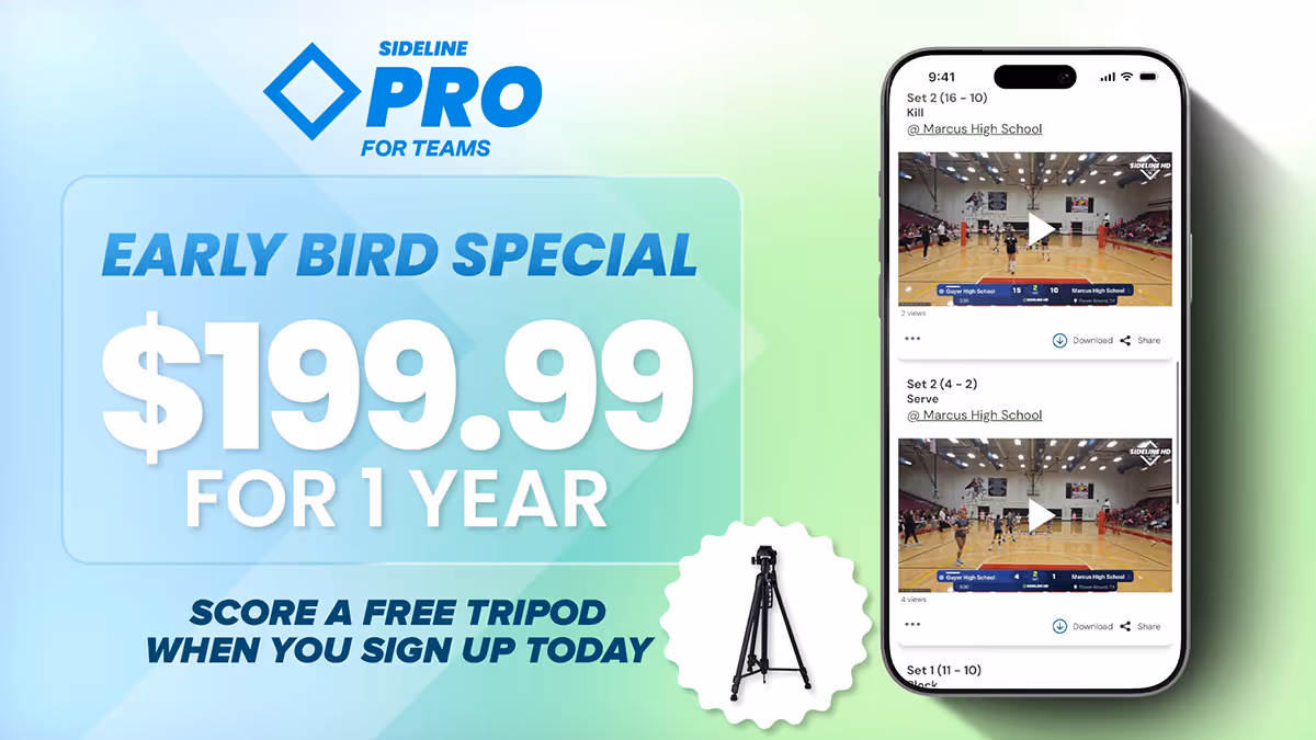 Sideline Pro for Teams early bird special offer for $199.99 per year with free tripod, showing volleyball game videos on a smartphone.