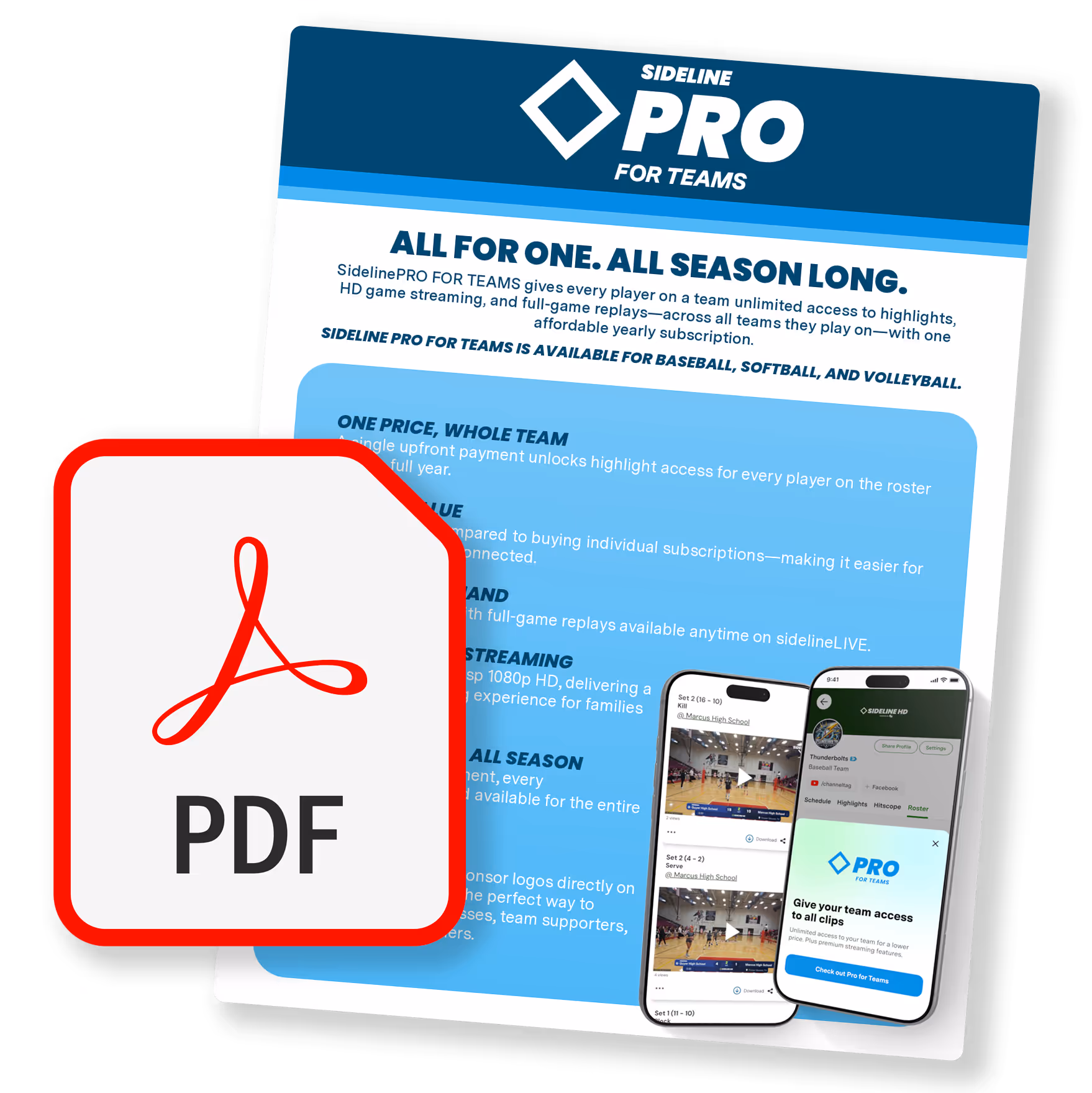 Flyer for Sideline PRO for Teams subscription highlighting all-season access, HD streaming, and team-wide features with two smartphones showing the app interface.