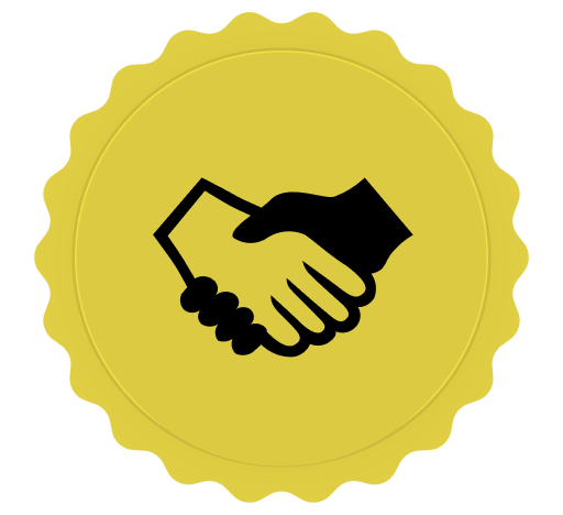 A badge depicting 2 hands shaking
