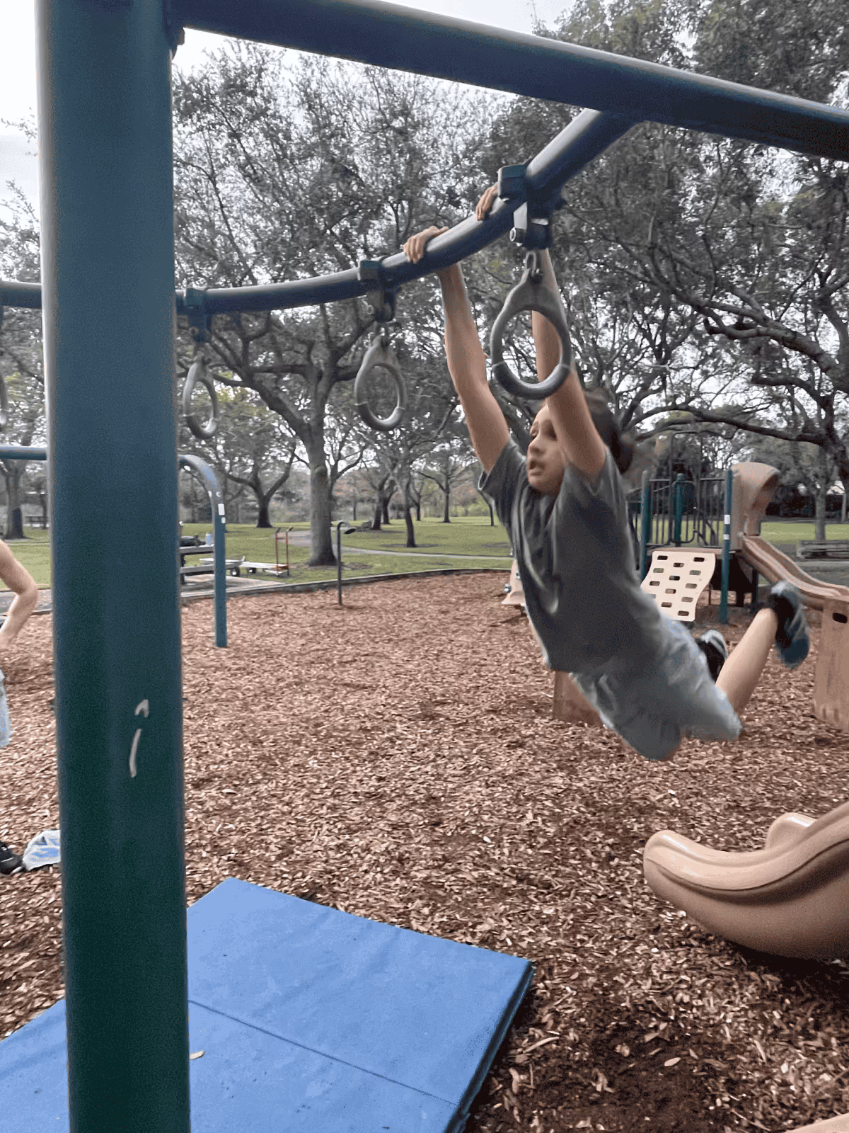 Child in gray shirt and shorts swinging on playground rings over wood chips with a blue mat underneath.