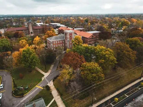 an overhead drone shot of arsenal tech high school campus