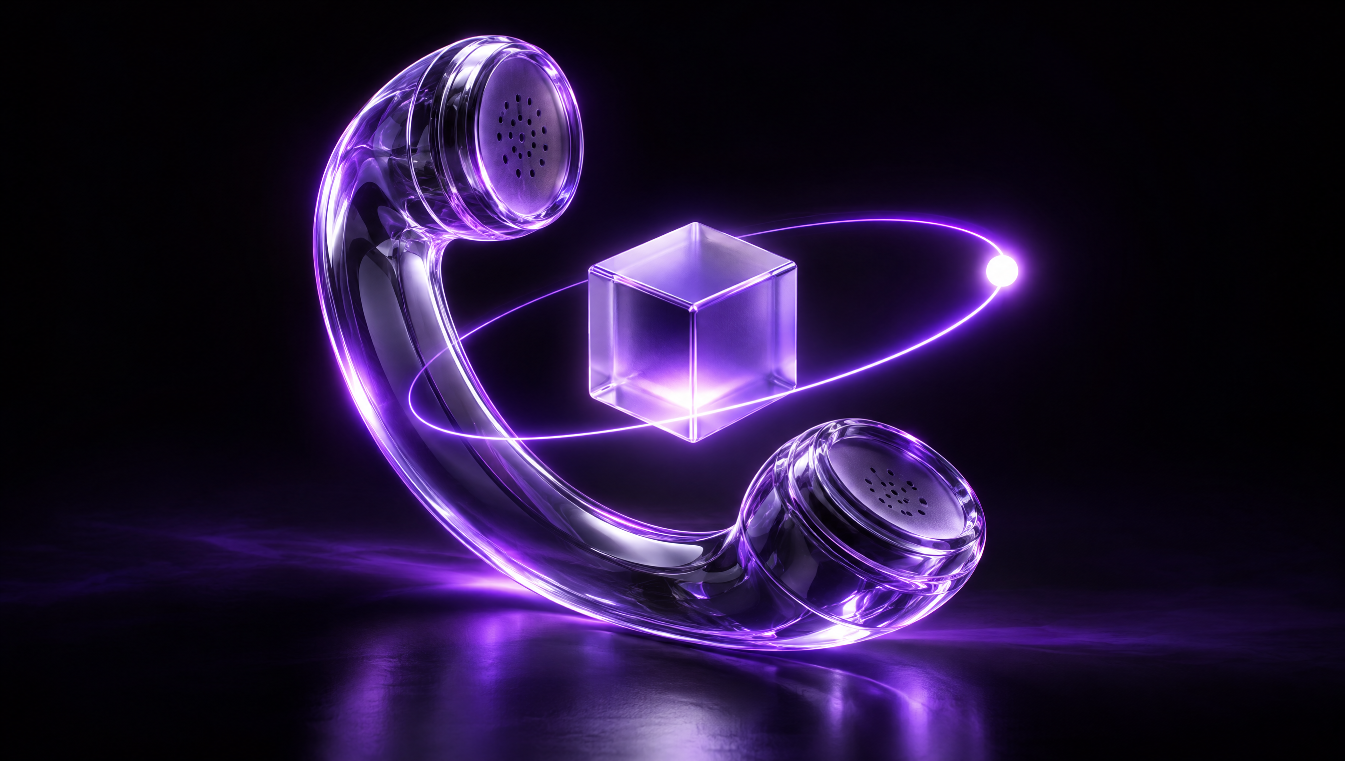 Concept illustration of a glass phone and product cube within an orbital light path.