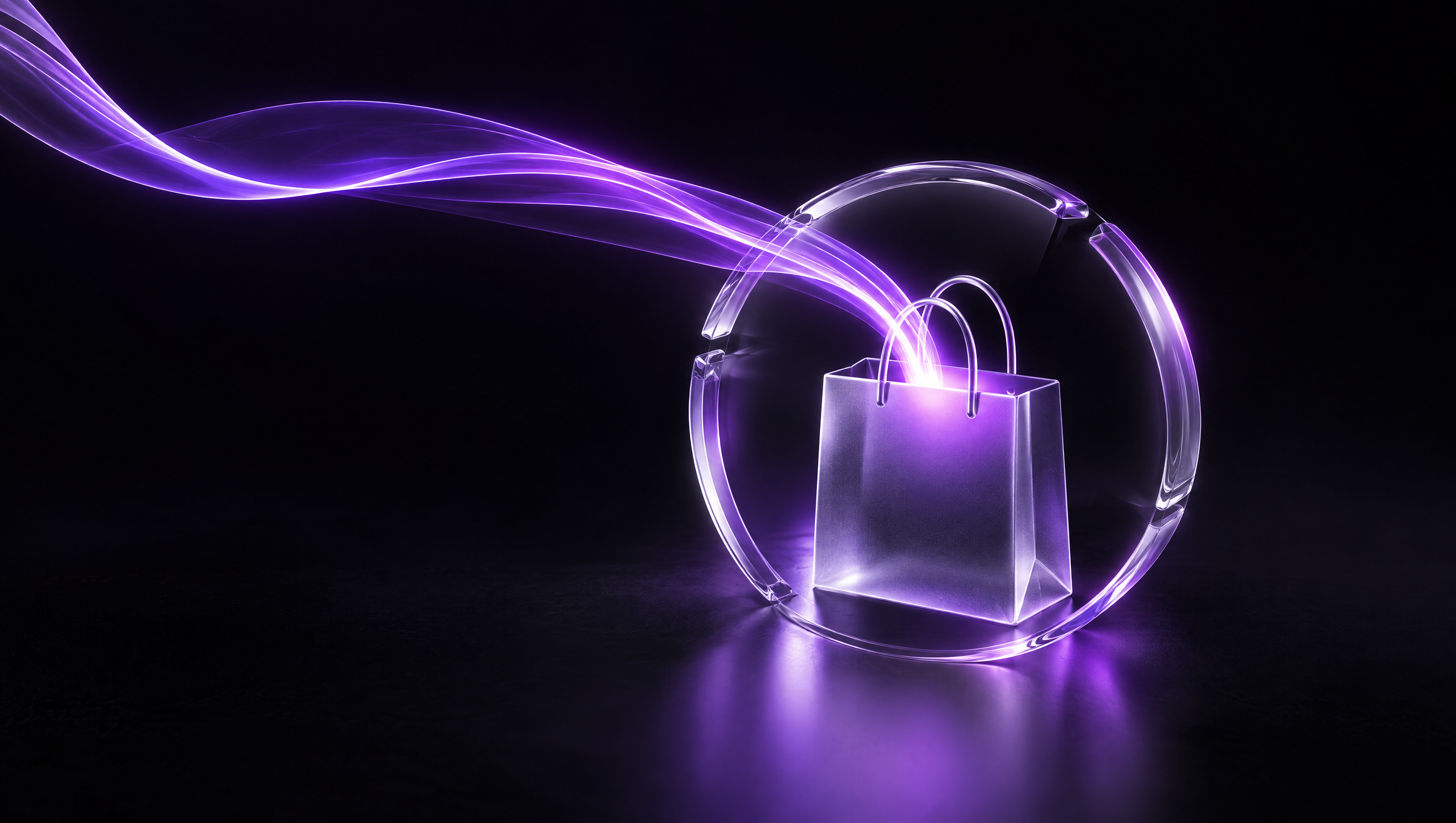 Concept illustration of a glass ring around a retail bag with a violet light path flowing inward.