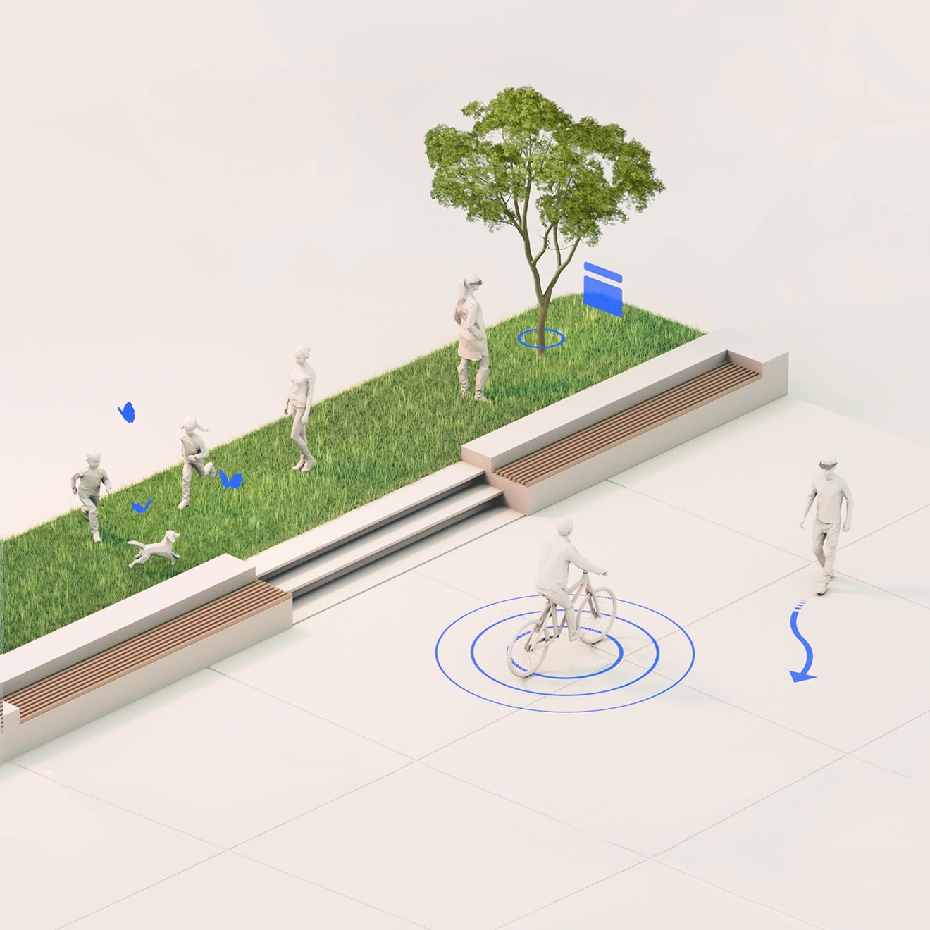 Multiple people using AR devices in a park while still being able to see clearly and interact with their surroundings.
