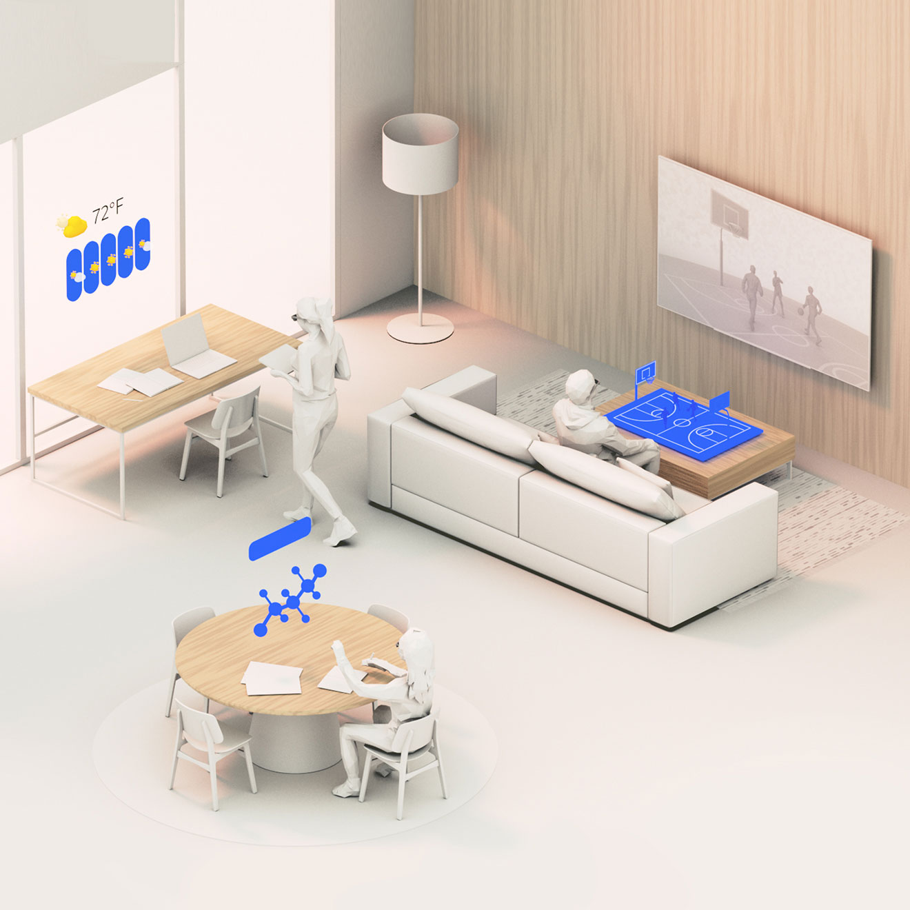 An open-concept living room with people viewing AR content displayed on tables and windows.