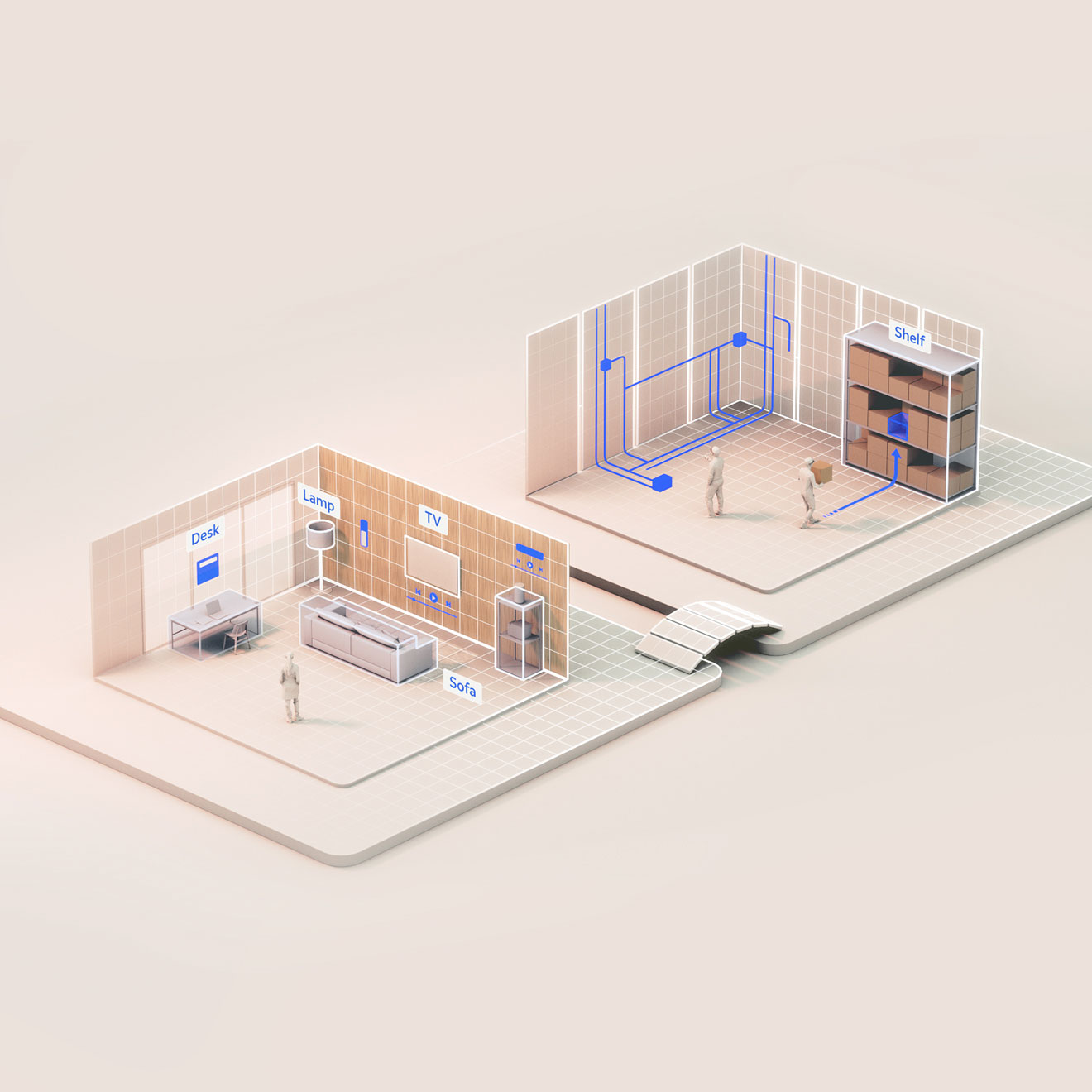 Side-by-side rooms with location-based contextual AR content displayed in each.