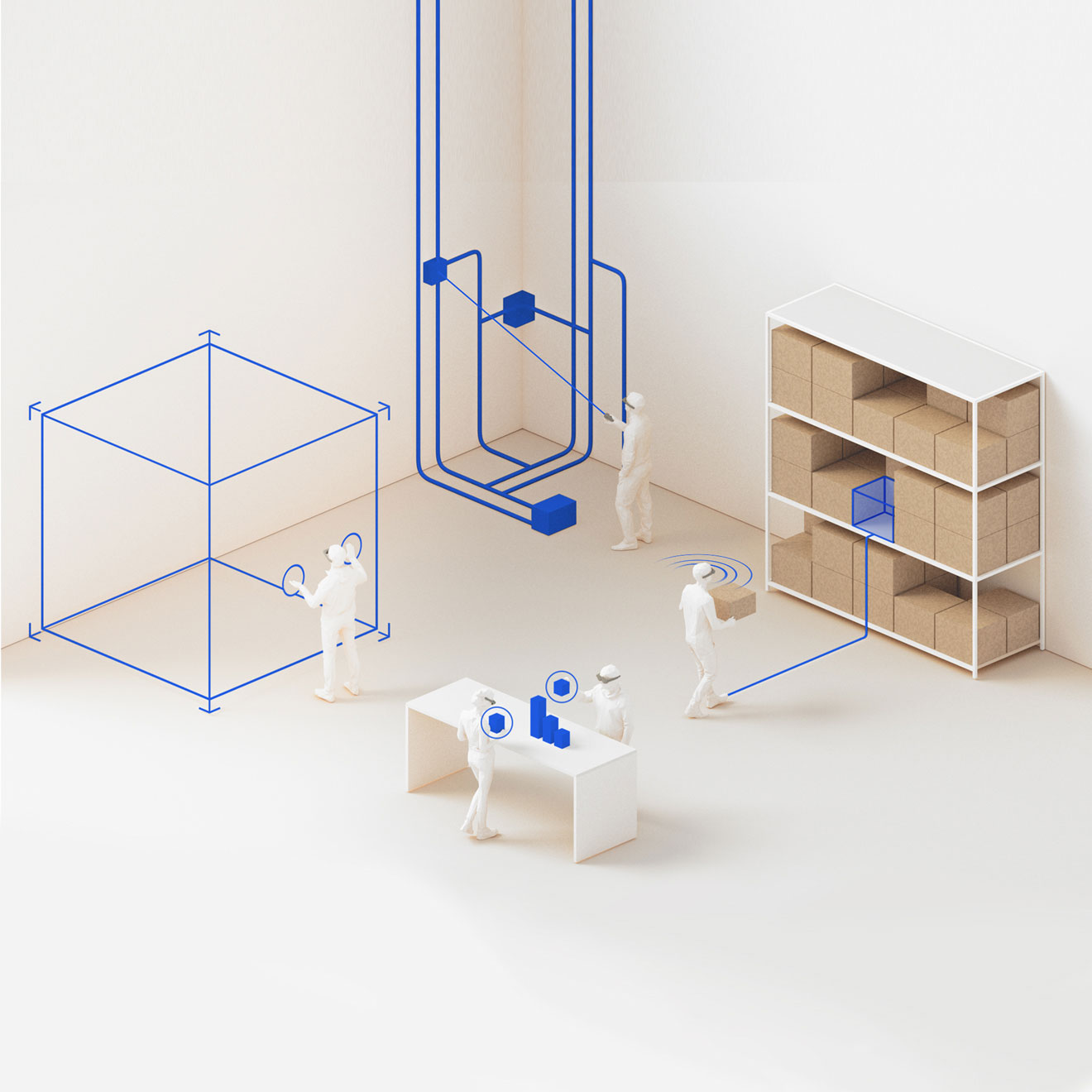 An illustration of five individuals completing a variety of tasks that each require different AR feedback, from voice commands and hand gestures to a laserpointer-like controller and touch.