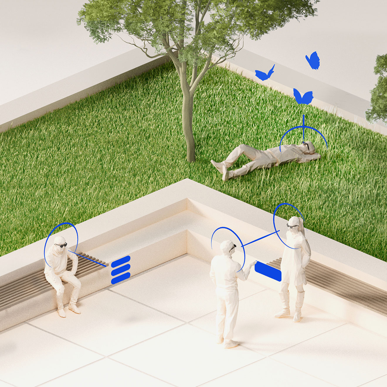 Four people at a park wear AR devices. Two are sharing on digital AR element, one lays on the grass looking up at AR butterflies flying above their head, and the other is ditting down viewing three AR elements.