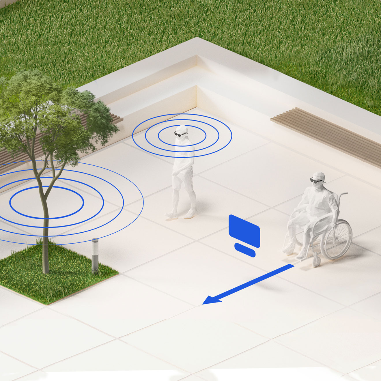 An illustration of a person with low-vision using audio guidance and a person in a wheelchair using hands-free or voice-control inputs in their AR devices.