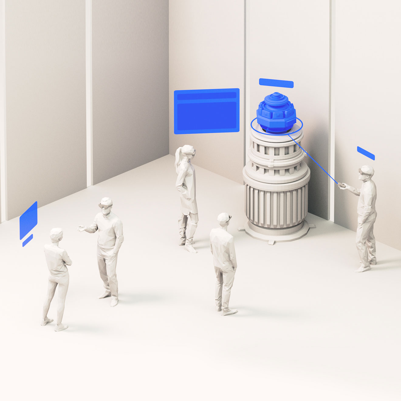 Multiple people using AR in a public space to view presentations and shared content.