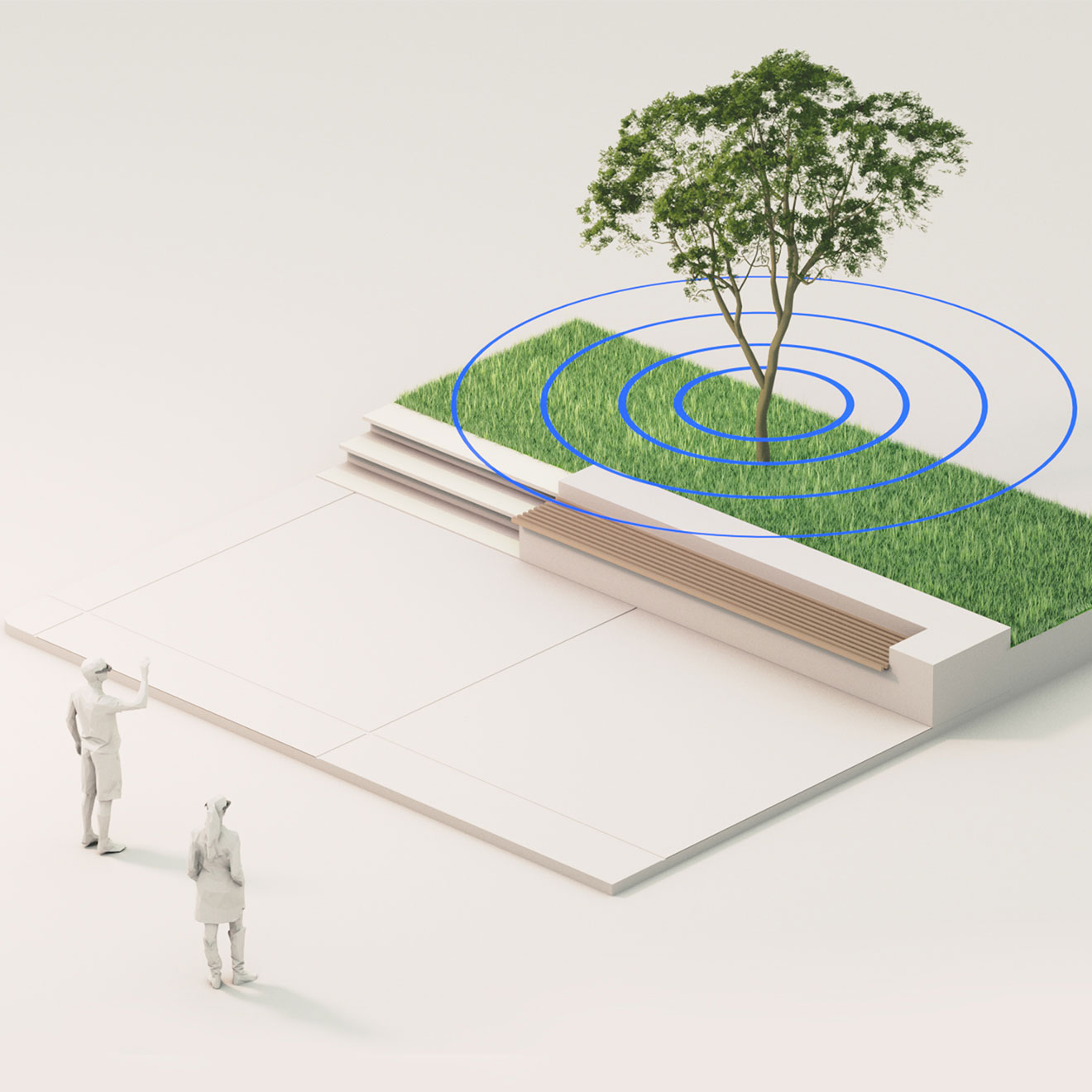 Two people using an AR device while audio cues direct their attention towards a nearby feature in a park.