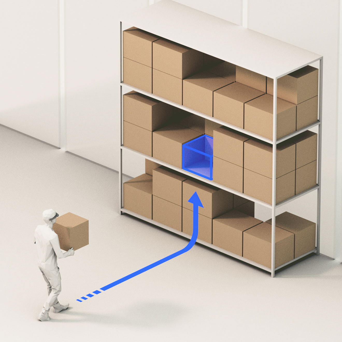 A worker using an AR device receiving haptic and visual feedback to guide them towards a section of a warehouse shelf.