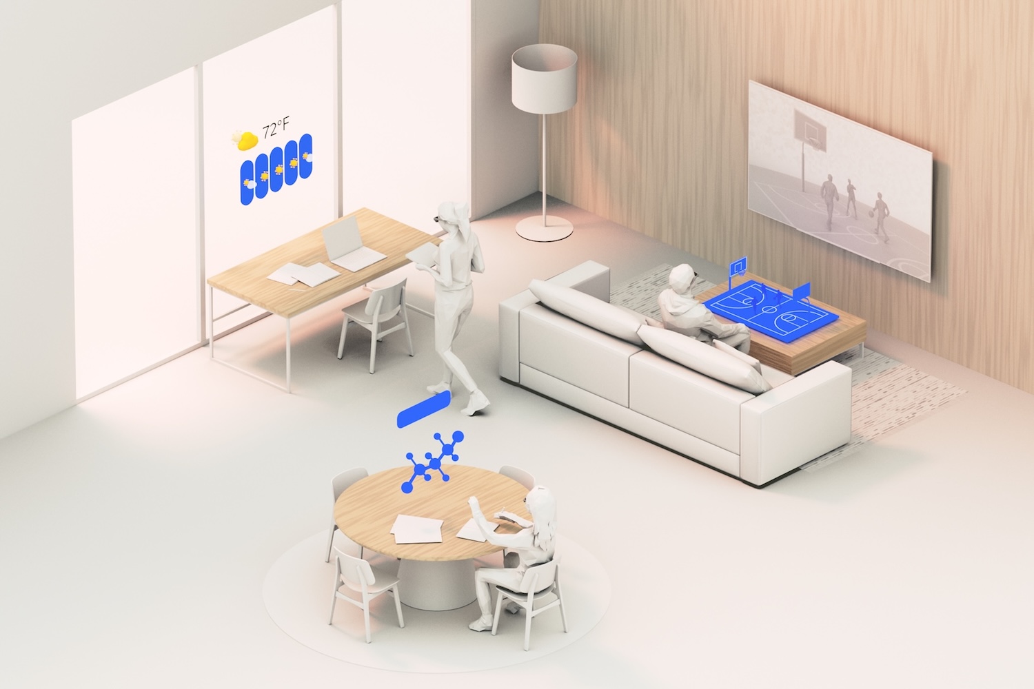 An open-concept living room with people viewing AR content displayed on tables and windows.