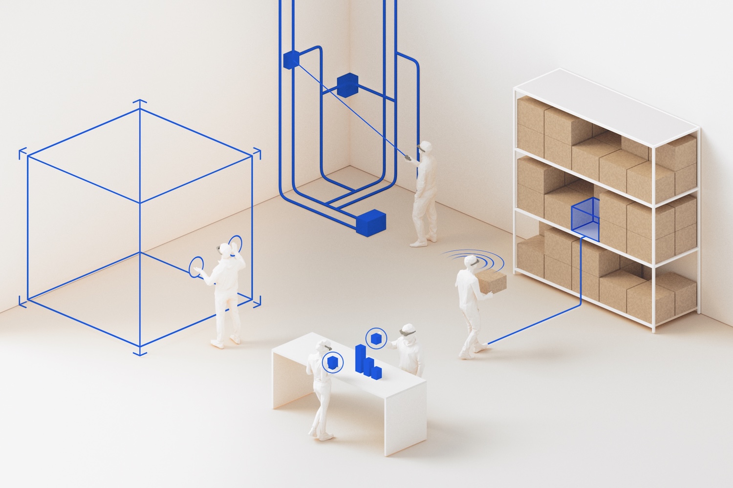 An illustration of five individuals completing a variety of tasks that each require different AR feedback, from voice commands and hand gestures to a laserpointer-like controller and touch.