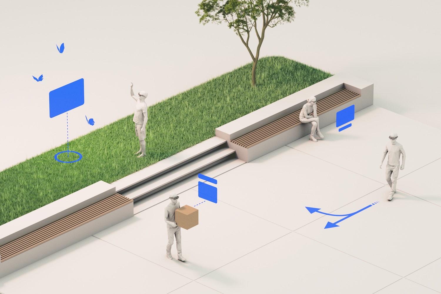 An illustration of four individuals completing a variety of tasks, each showcasing a different type of “content behavior.”