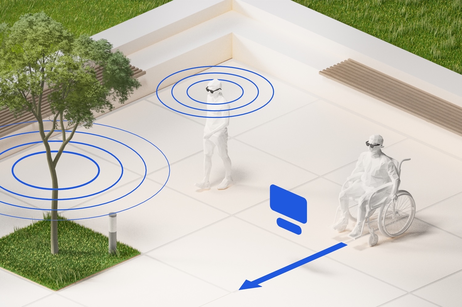 An illustration of a person with low-vision using audio guidance and a person in a wheelchair using hands-free or voice-control inputs in their AR devices.