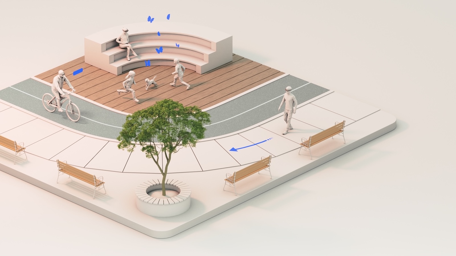 A park with multiple people using augmented reality while walking, cycling, and relaxing on amphitheater seating.
