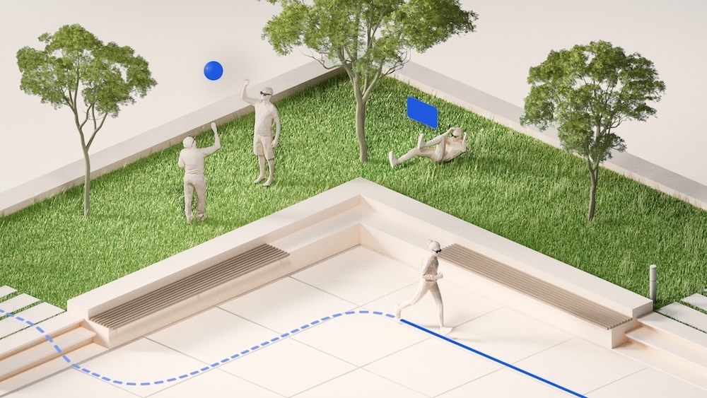 Four people at a park wear AR devices. Two play with a ball, one completes an exercise routine, and the other is jogging.