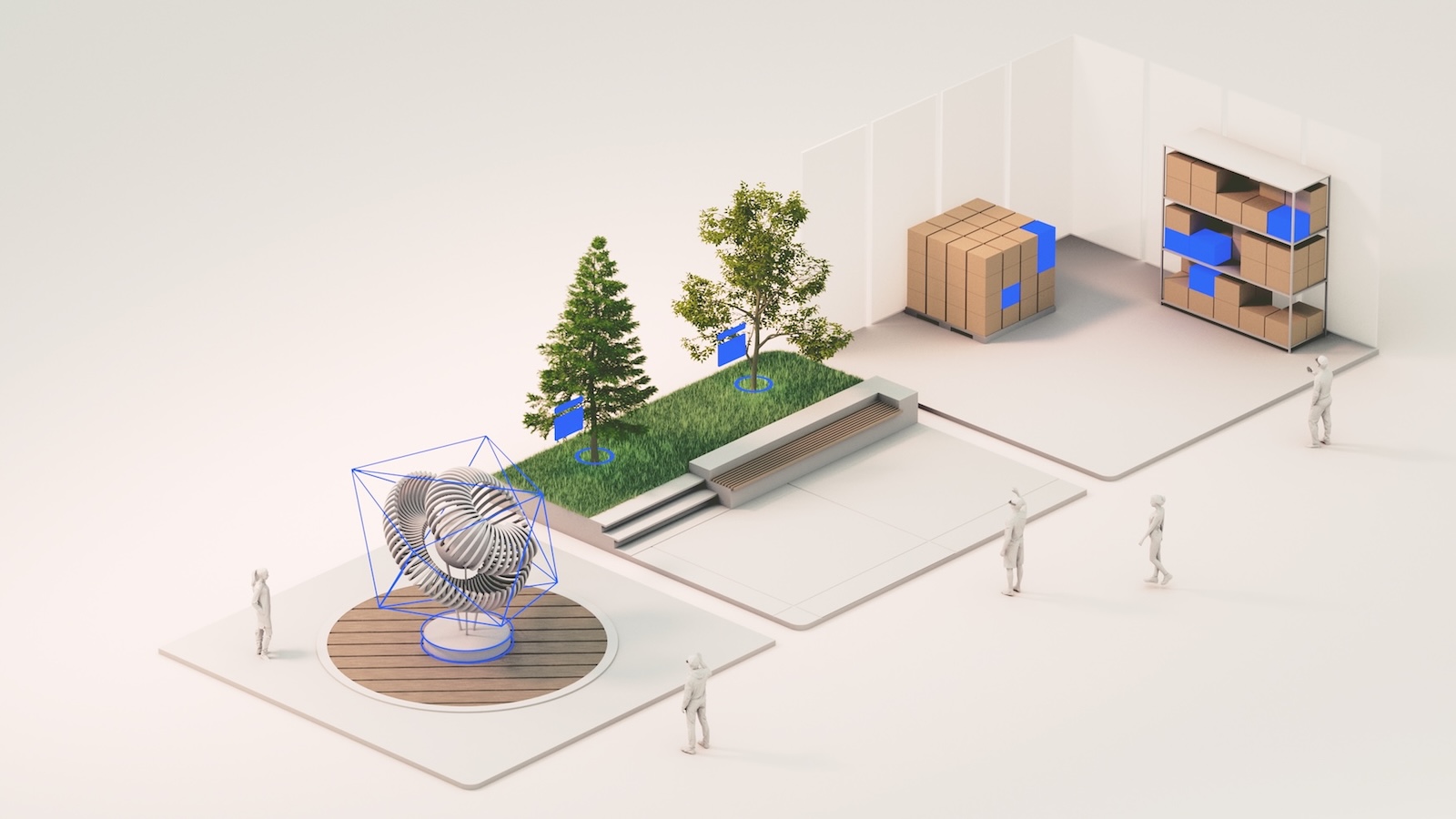 Side-by-side spaces showing contextually relevant AR content placed in a museum, a park, and a warehouse.