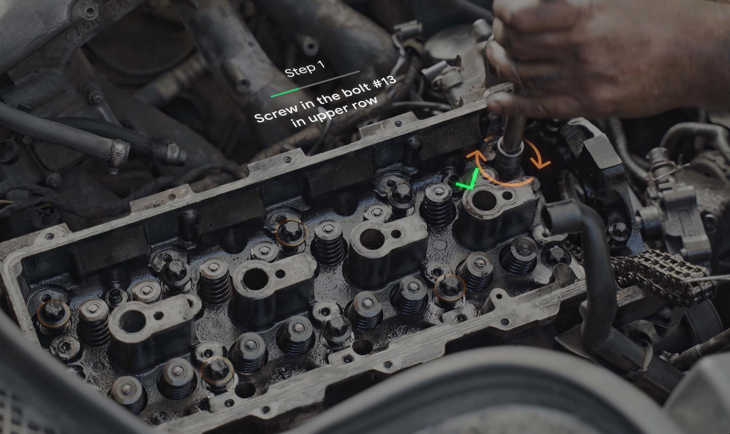 Step 1 visuals turn green to indicate completion as a person finishes twisting their tool as instructed.