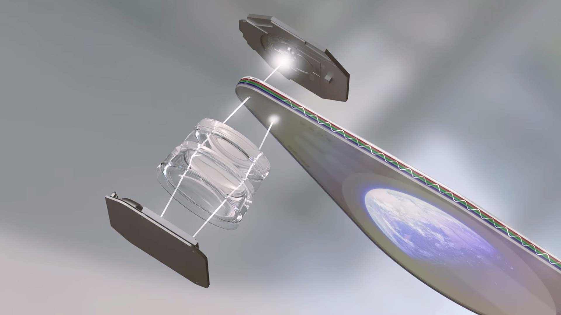 An exploded parts diagram shows how the light source, projection panel, lenses, and waveguide connect to form the optical engine.