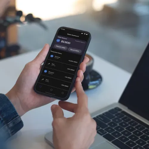 Person holding a smartphone displaying a USDC wallet app with a $3,500 balance. The screen shows options to deposit or spend USDC.