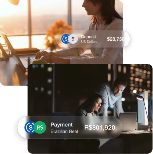 Two images showing financial transactions: the top shows a woman working on a laptop with an overlay reading ‘Deposit', the bottom shows two people working at a desktop computer with an overlay reading ‘Payment.’