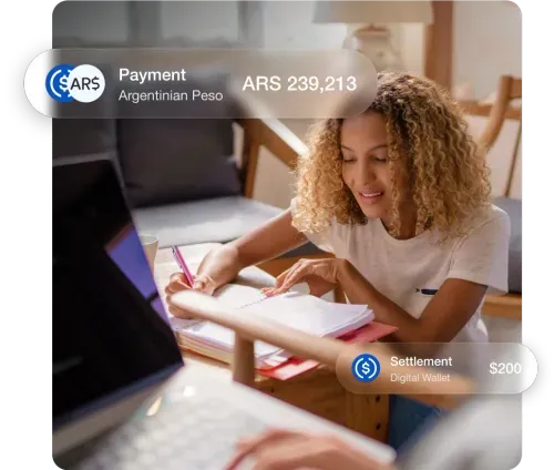 Image of a woman writing in a notebook. There are overlays showing payments and settlements between digital wallets.