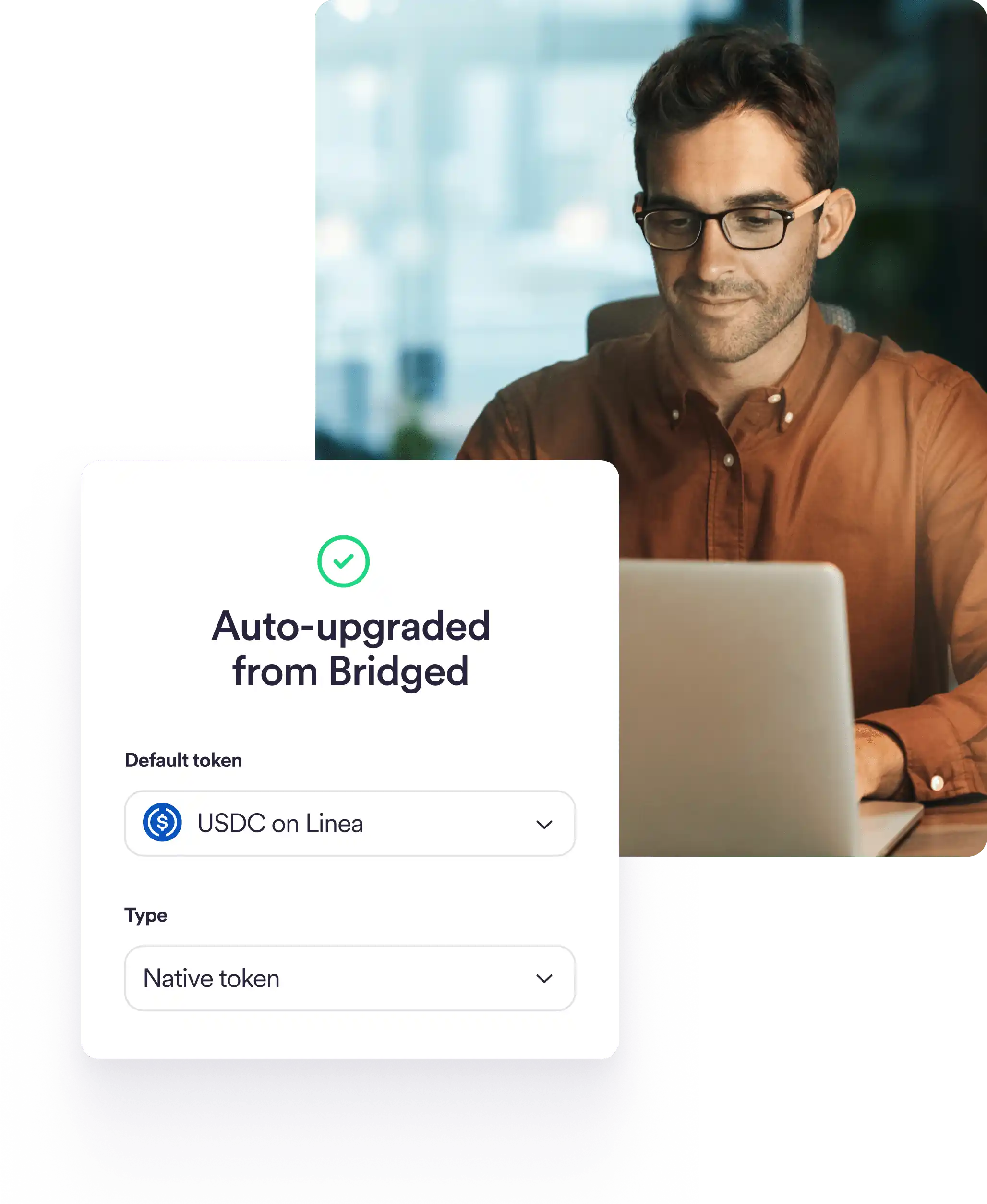 Image showing someone on a laptop and a UI screen confirming USDC on Linea was auto-upgraded from bridged