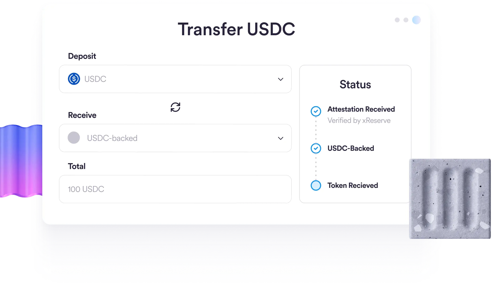 Abstracted UI screen showing a transfer of USDC