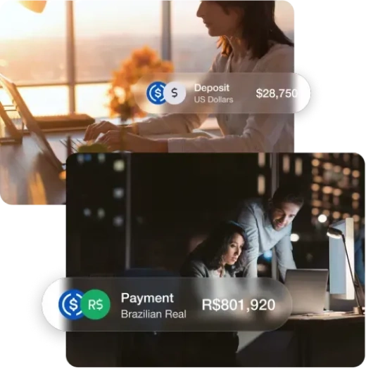Two images showing financial transactions: the top shows a woman working on a laptop with an overlay reading ‘Deposit', the bottom shows two people working at a desktop computer with an overlay reading ‘Payment.’