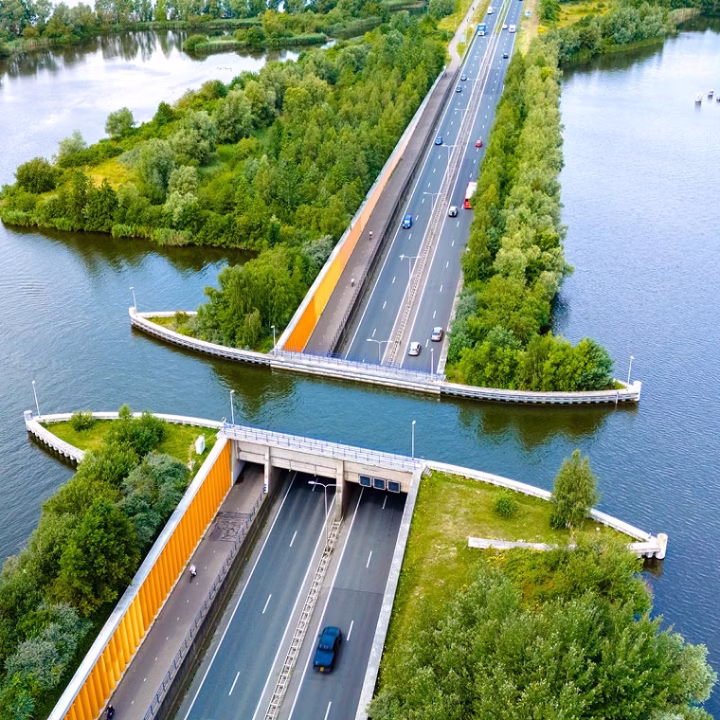 Aerial image showing a modern bridge infrastructure.