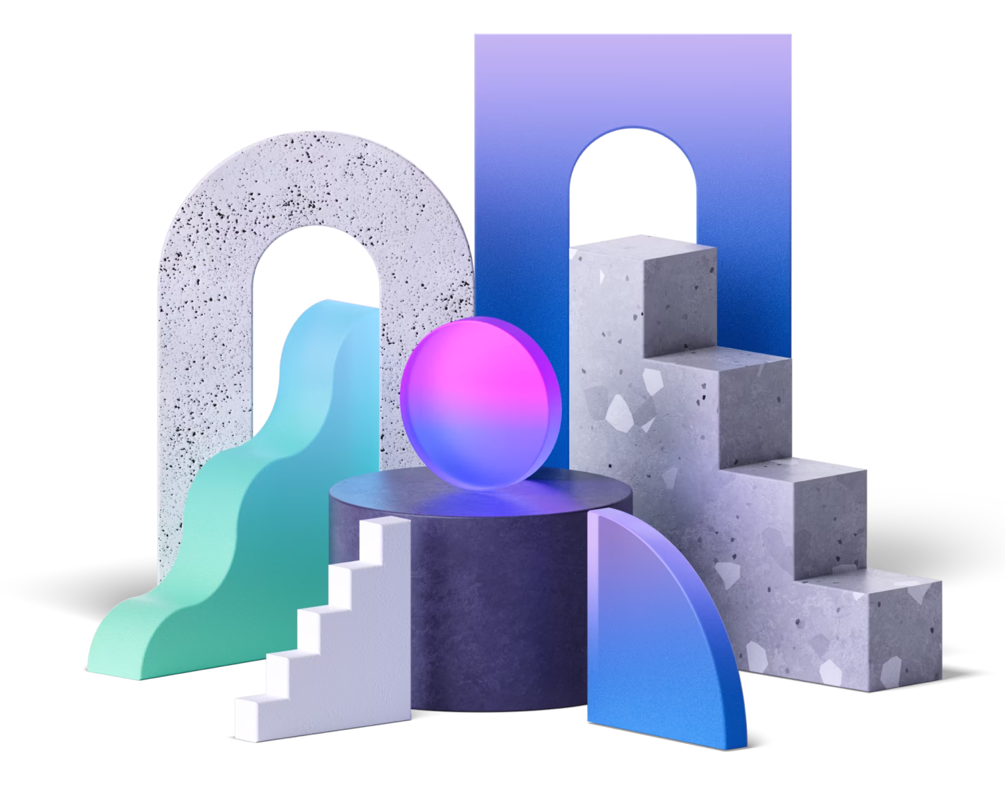 Abstract geometric 3D shapes with arches, stairs, cylinder, and a glowing purple-blue sphere.