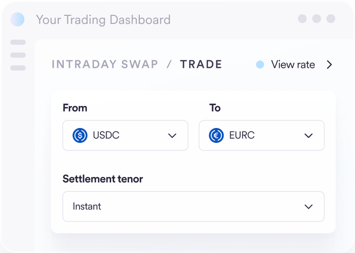 Trading dashboard interface showing an intraday swap trade from USDC to EURC with settlement tenor set to instant and an option to view rate.