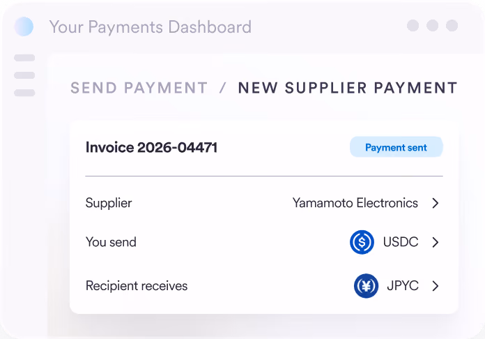 Payment dashboard interface showing a new supplier payment for Invoice 2026-04471 with payment sent status, supplier Yamamoto Electronics, sending USDC currency, recipient receives JPYC currency.