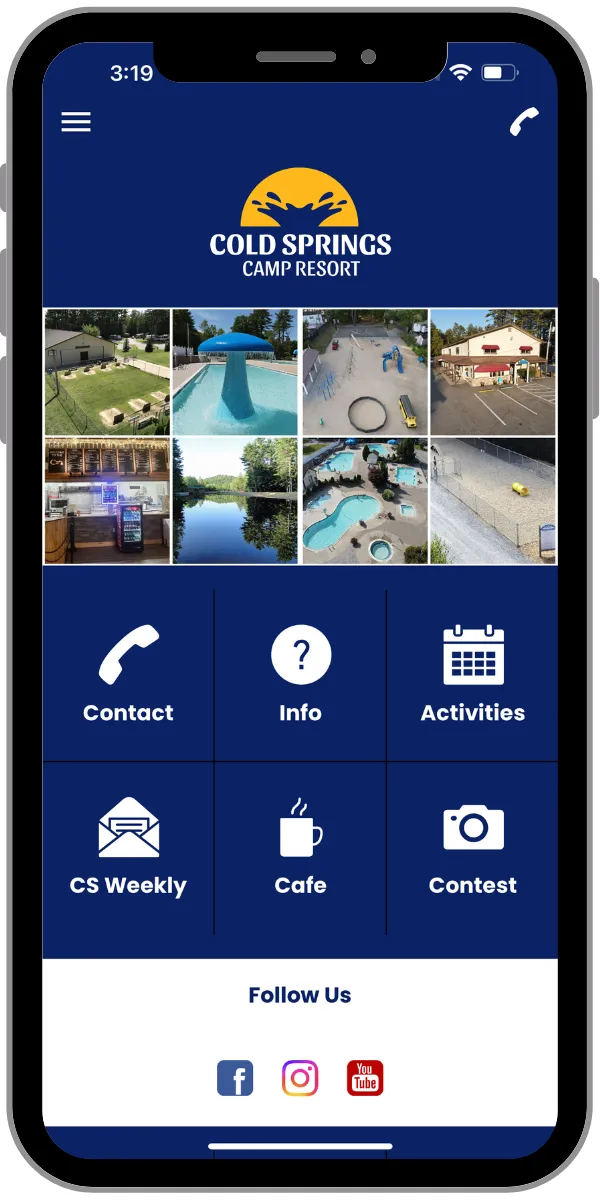 Screenshot of the home page of the Cold Springs Camp Resort App