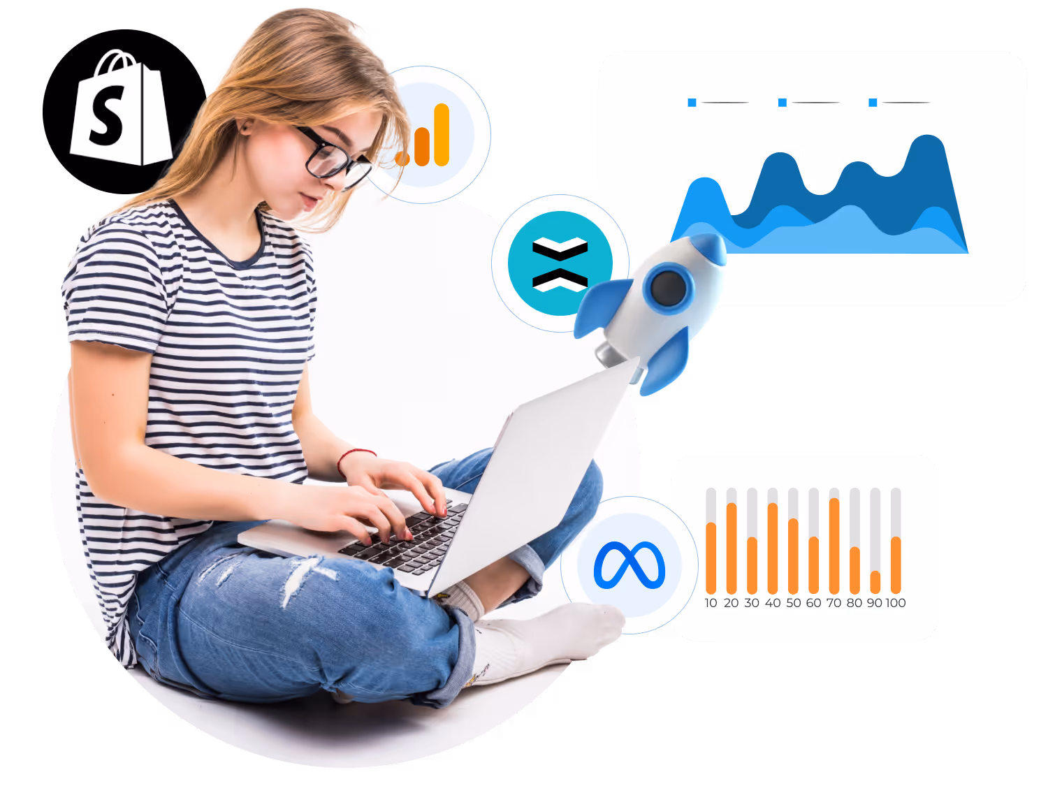 Mulher jovem de óculos no computador avaliando as métricas do e-commerce. Ao redor, ícones da Shopify, Google Analytics, RD Stations e Meta.