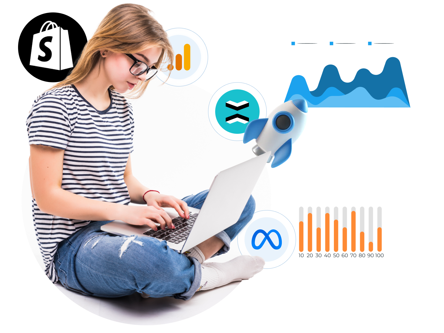 Mulher jovem de óculos no computador avaliando as métricas do e-commerce. Ao redor, ícones da Shopify, Google Analytics, RD Stations e Meta.