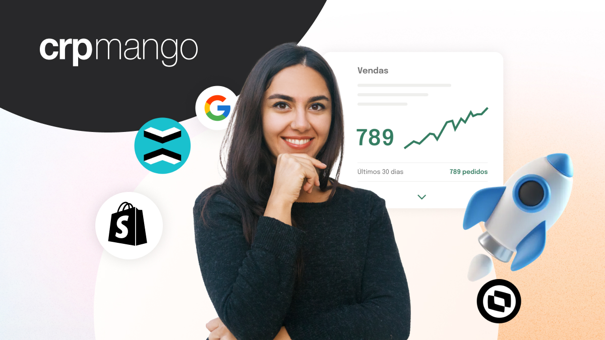 Mulher sorrindo dominando várias tecnologias voltadas para impulsionar o e-commerce. Logo da CRP Mango.
