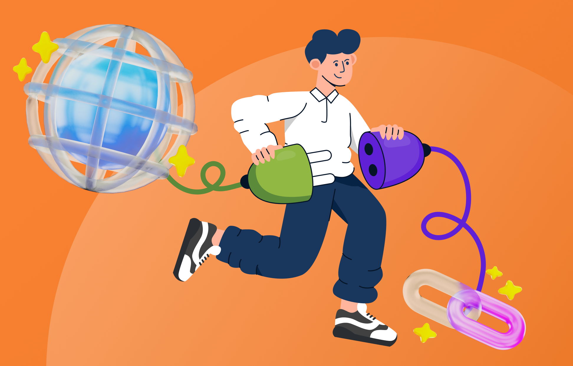 Ilustração de um homem conectando cabos para integrar.