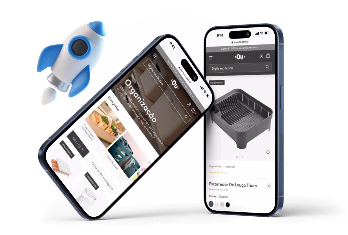 Dois celulares exibem o site da OU, marca de produtos para casa. No canto superior esquerdo, há um ícone ilustrativo de foguete azul e branco.