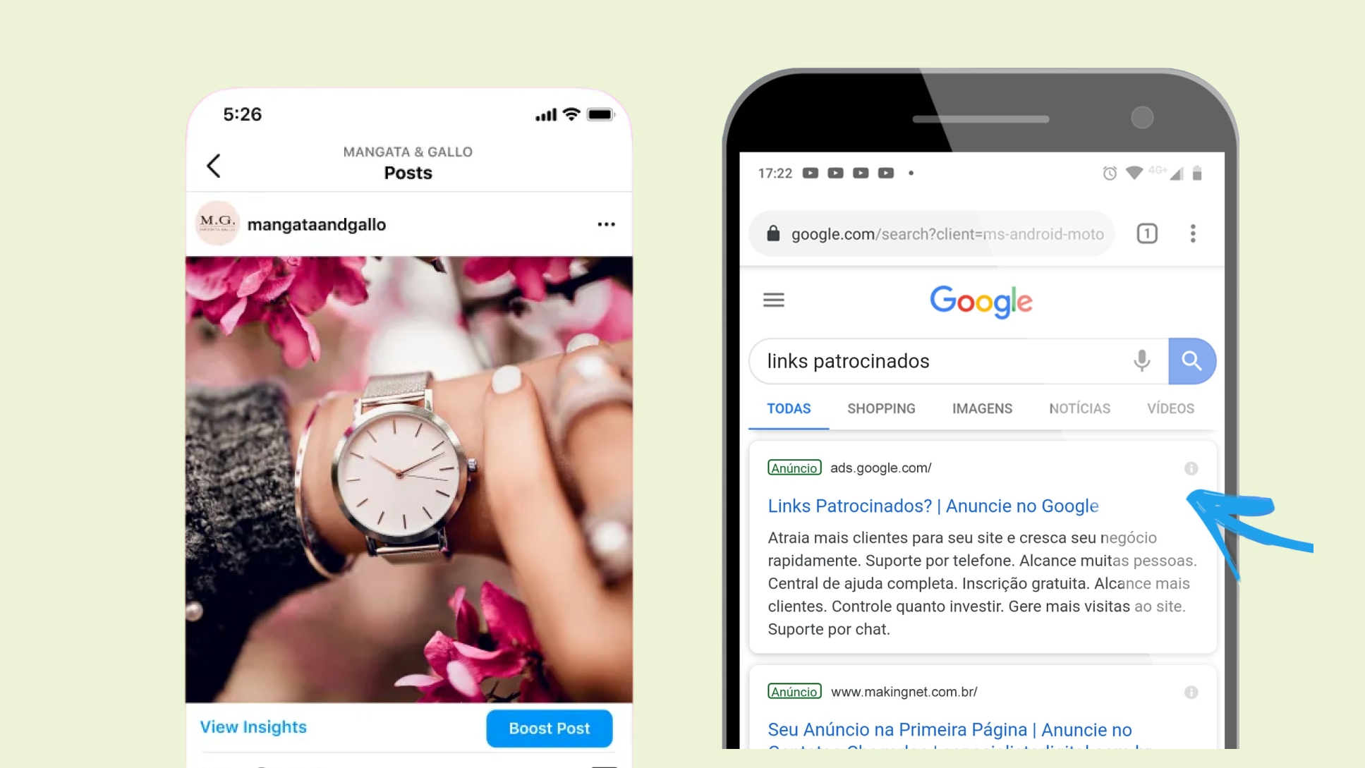 Imagem mostrando link pesquisa do Google e um post no Instagram patrocinados.