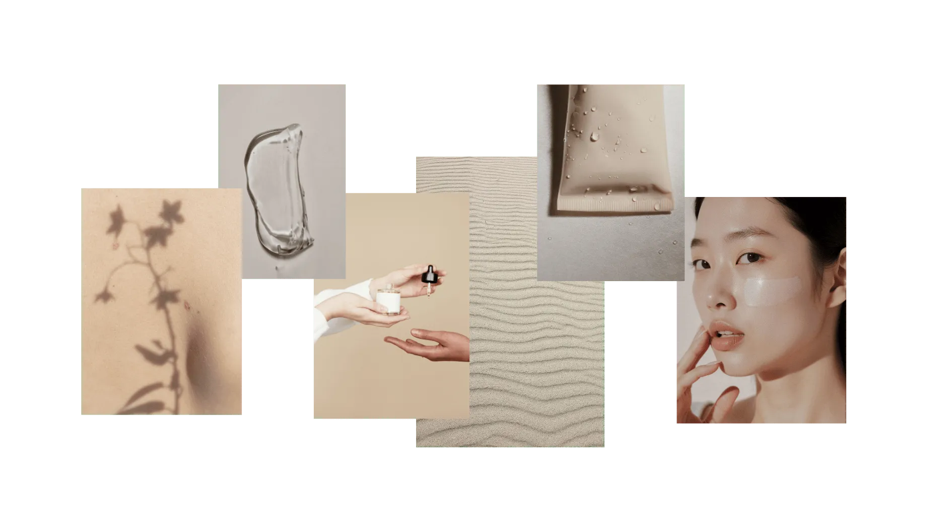 image of a woman wearing skin cream and decorative beige swatches of color and texture 