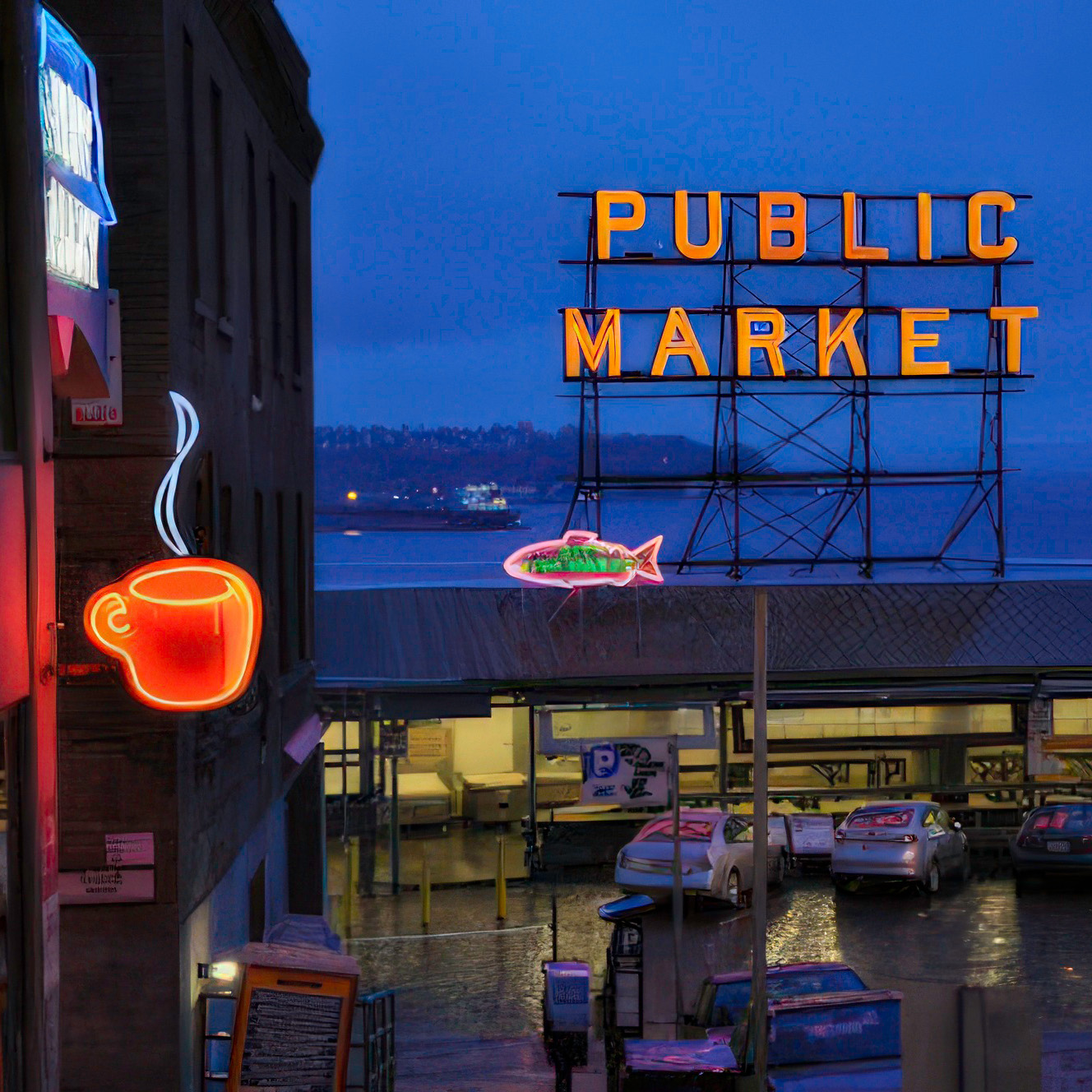 View of the Public Market sign at Pike Place, downtown Seattle, Wa.