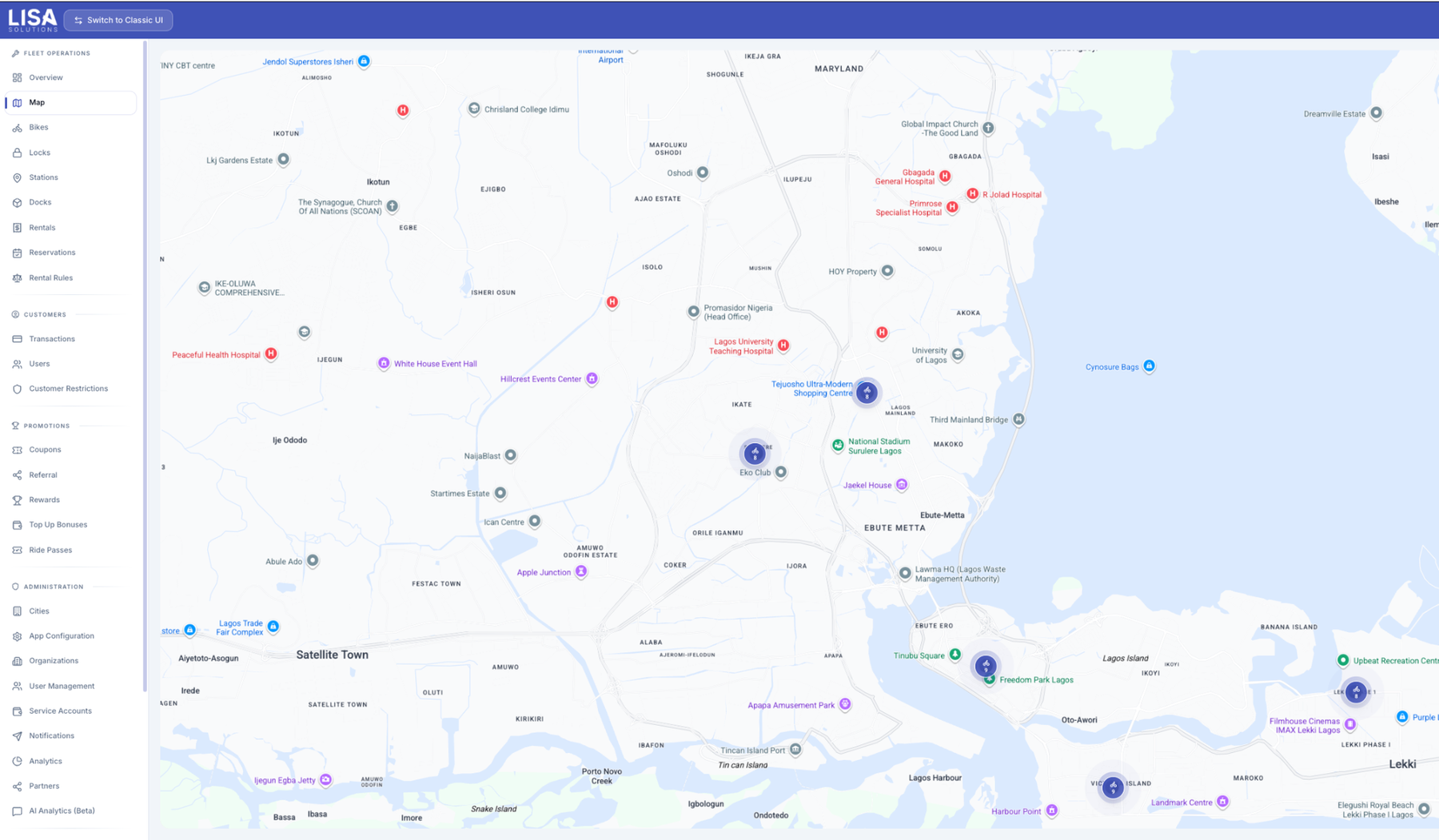 LISA fleet operations map showing live vehicle distribution across Stockholm