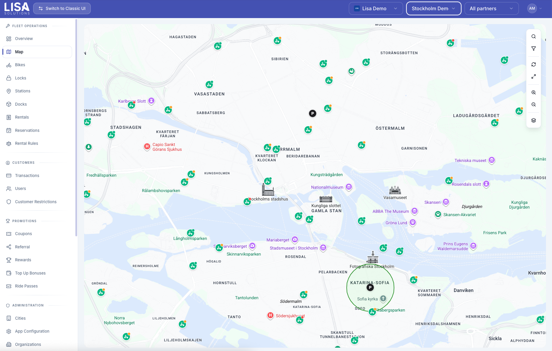LISA fleet operations map showing live vehicle distribution across Stockholm