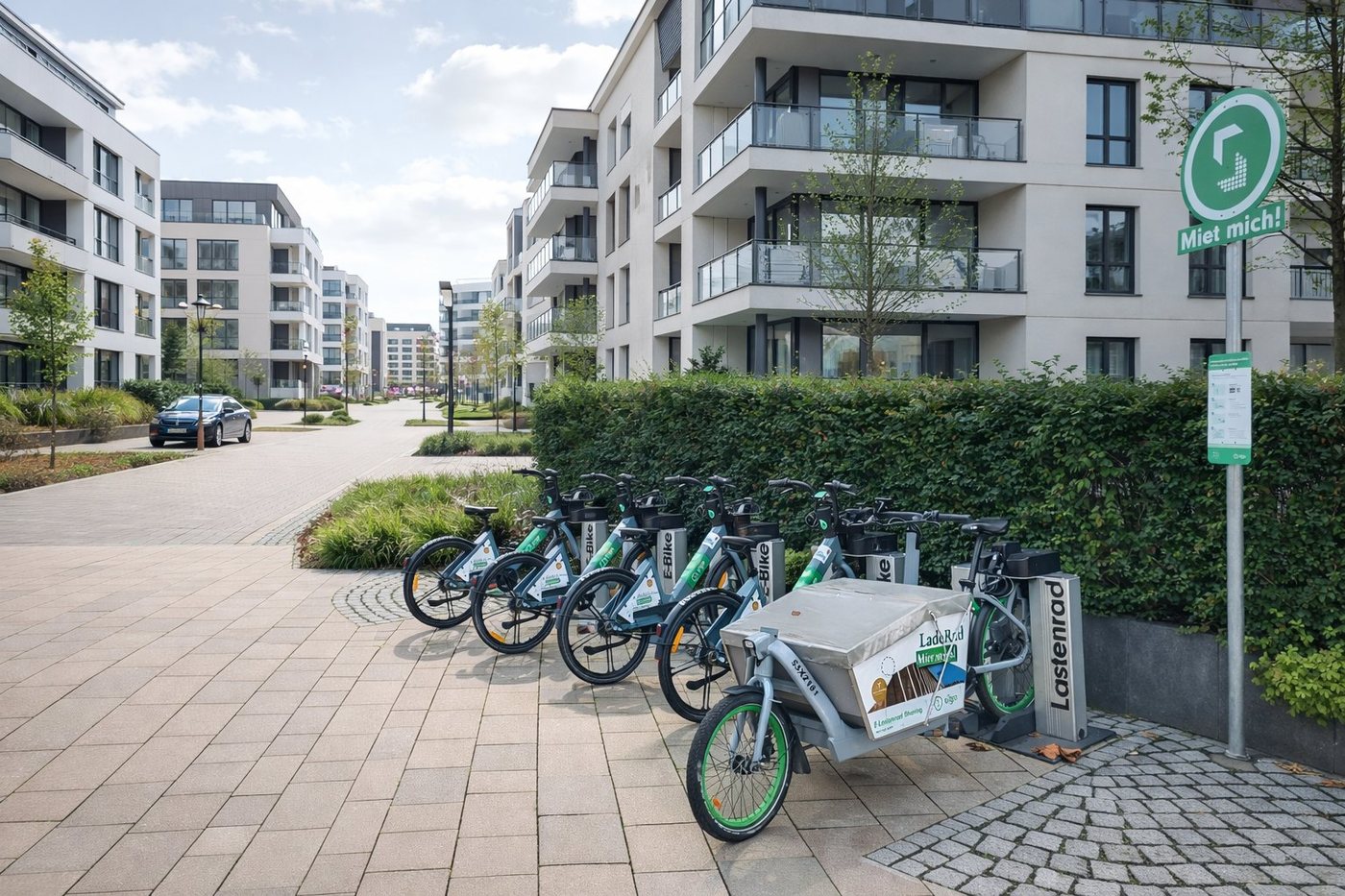 e-bikes and an e-cargo bike docked at a sigo station with intelligent charging beside a residential building